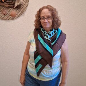 Yves Saint Laurent Brown & Turquoise Geometric Square 100% Silk Scarf